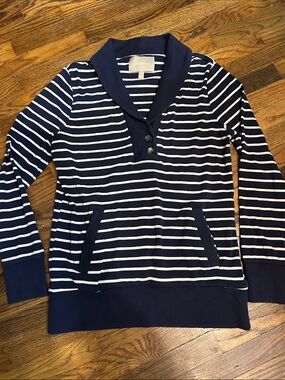 Banana Republic Navy and White Striped Shawl-Collar Sweater